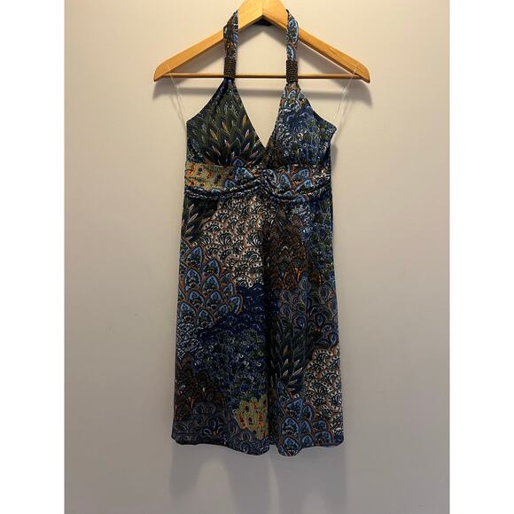 Christina Love Halter Dress Abstract Peacock Print Size Medium JL - Picture 1 of 8